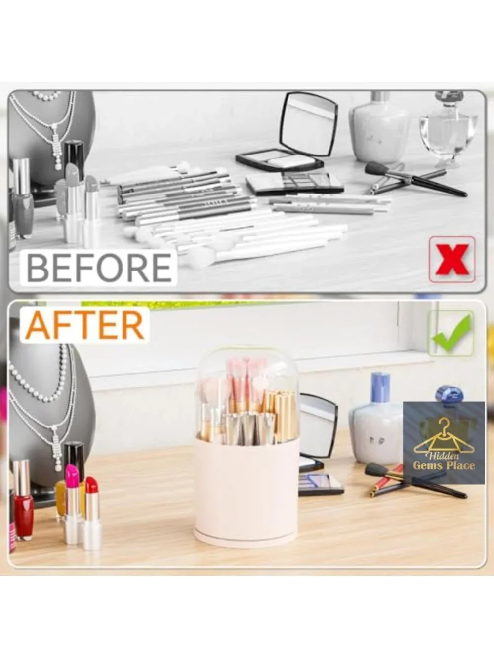 Rotating Acrylic Makeup Brush Holder with Lid, 6 Compartments Spinning Cosmetic